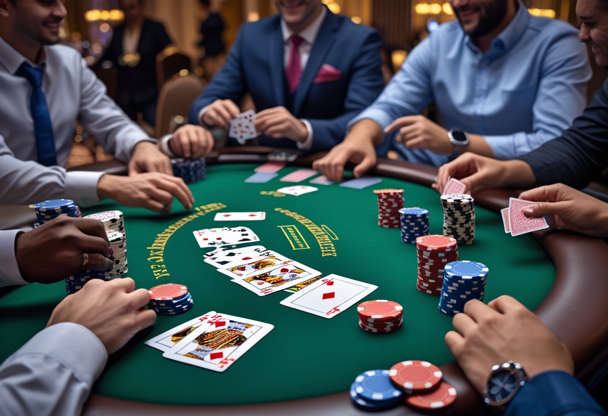 Players sitting around a poker table with cards and chips, engaged in a game of poker in a casino setting.