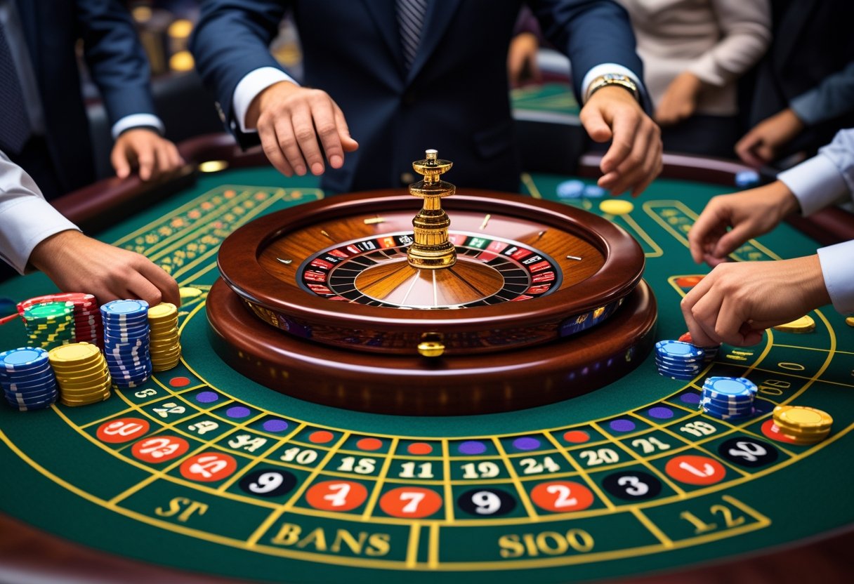 A dealer spinning a roulette wheel on a casino table with players placing bets.