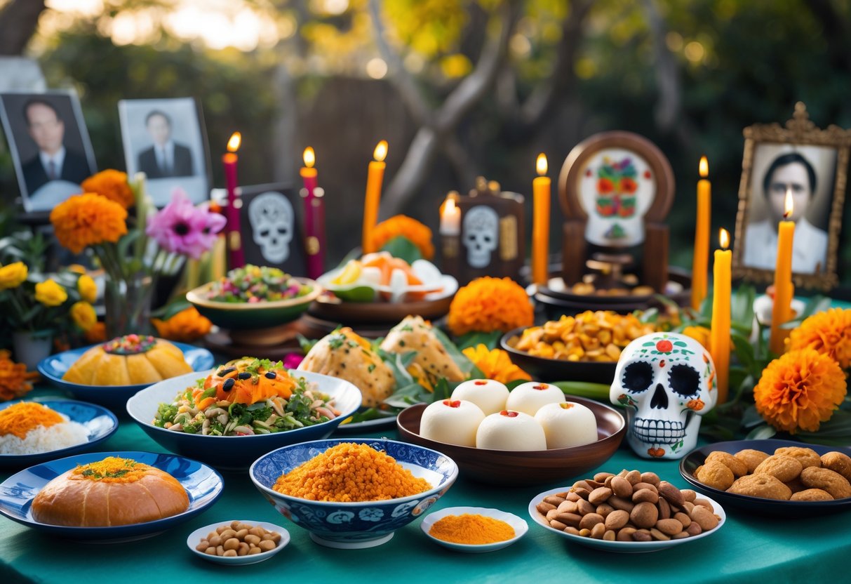 A table outdoors with traditional food offerings from various cultures arranged for honoring deceased loved ones, including bread, fruits, sweets, flowers, and candles.