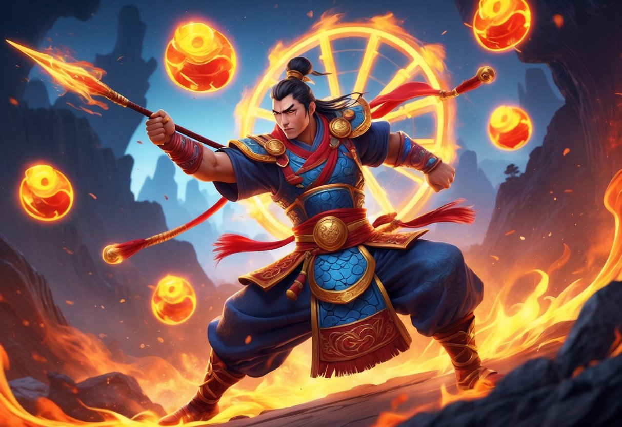 Ilustrasi Nezha yang kuat dan berapi-api sedang beraksi dengan senjata dan cincin emas, dikelilingi oleh simbol bercahaya dan roda berputar mistis di latar belakang.