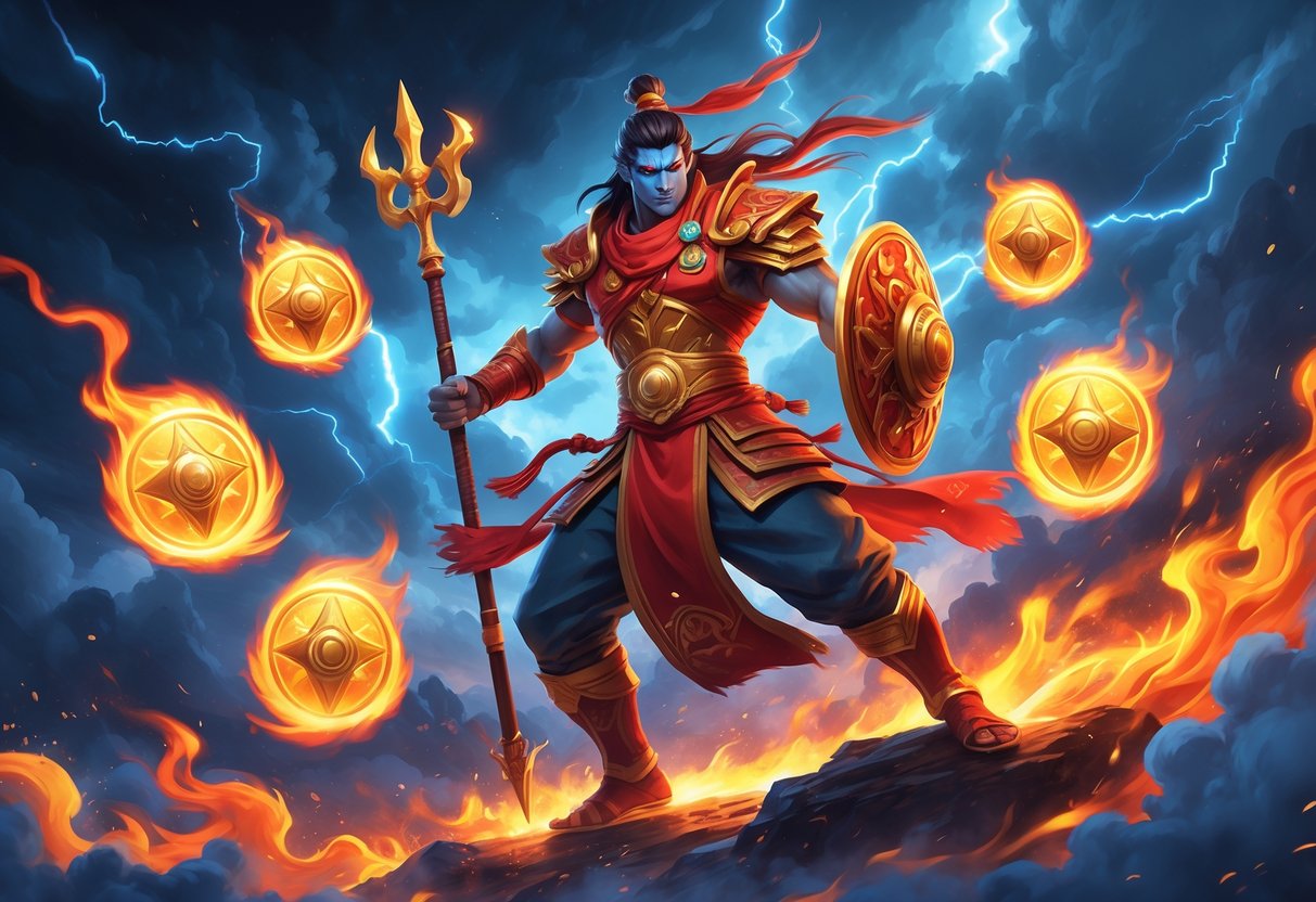 Nezha berdiri di atas awan berapi dengan senjata khasnya, dikelilingi oleh lima simbol bercahaya, dengan latar belakang langit badai yang penuh petir.