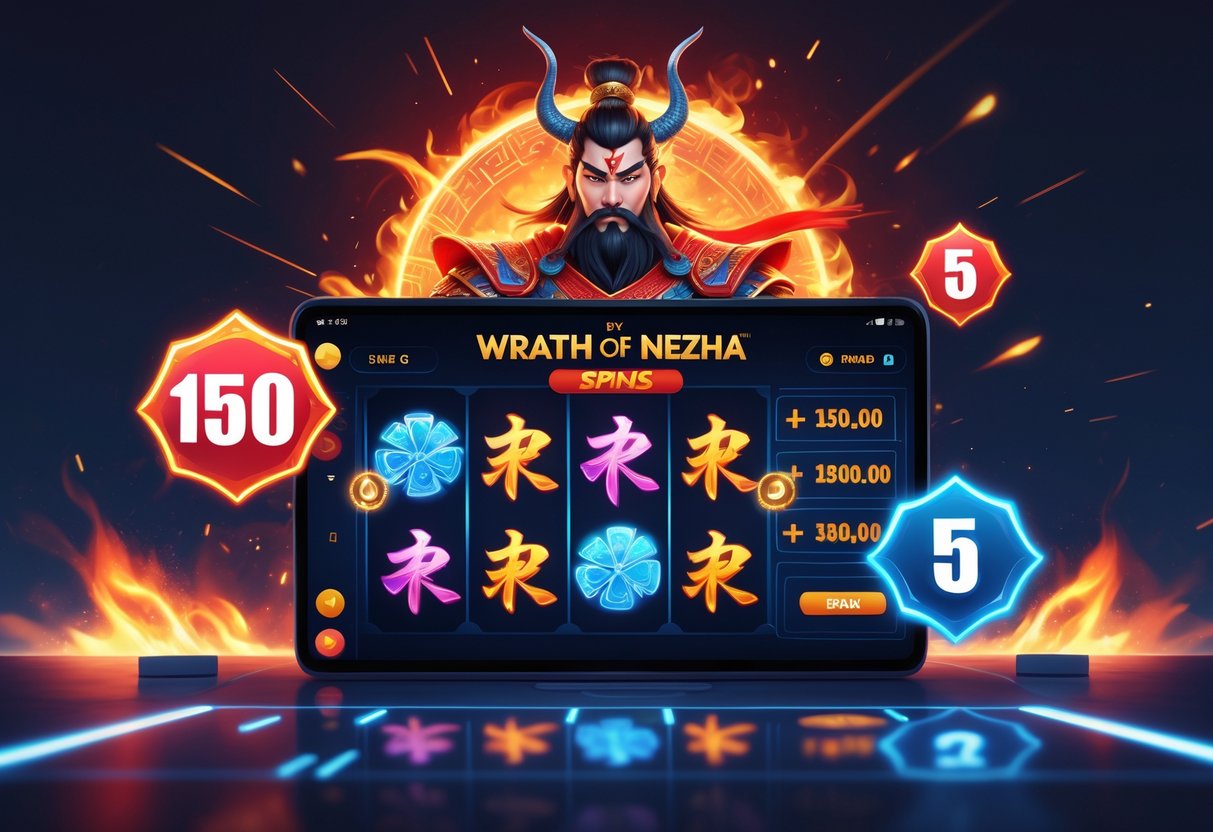 Ilustrasi seorang pejuang mitos Cina dengan energi api di latar belakang dan simbol permainan slot yang berputar di layar.