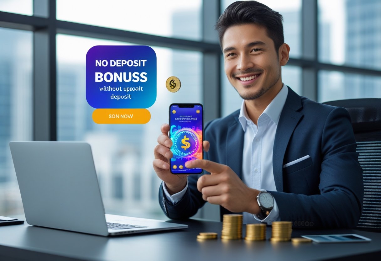 A businessperson smiling and holding a smartphone with a rewards app, sitting at a desk with a laptop and coins, in a bright office with a city view.