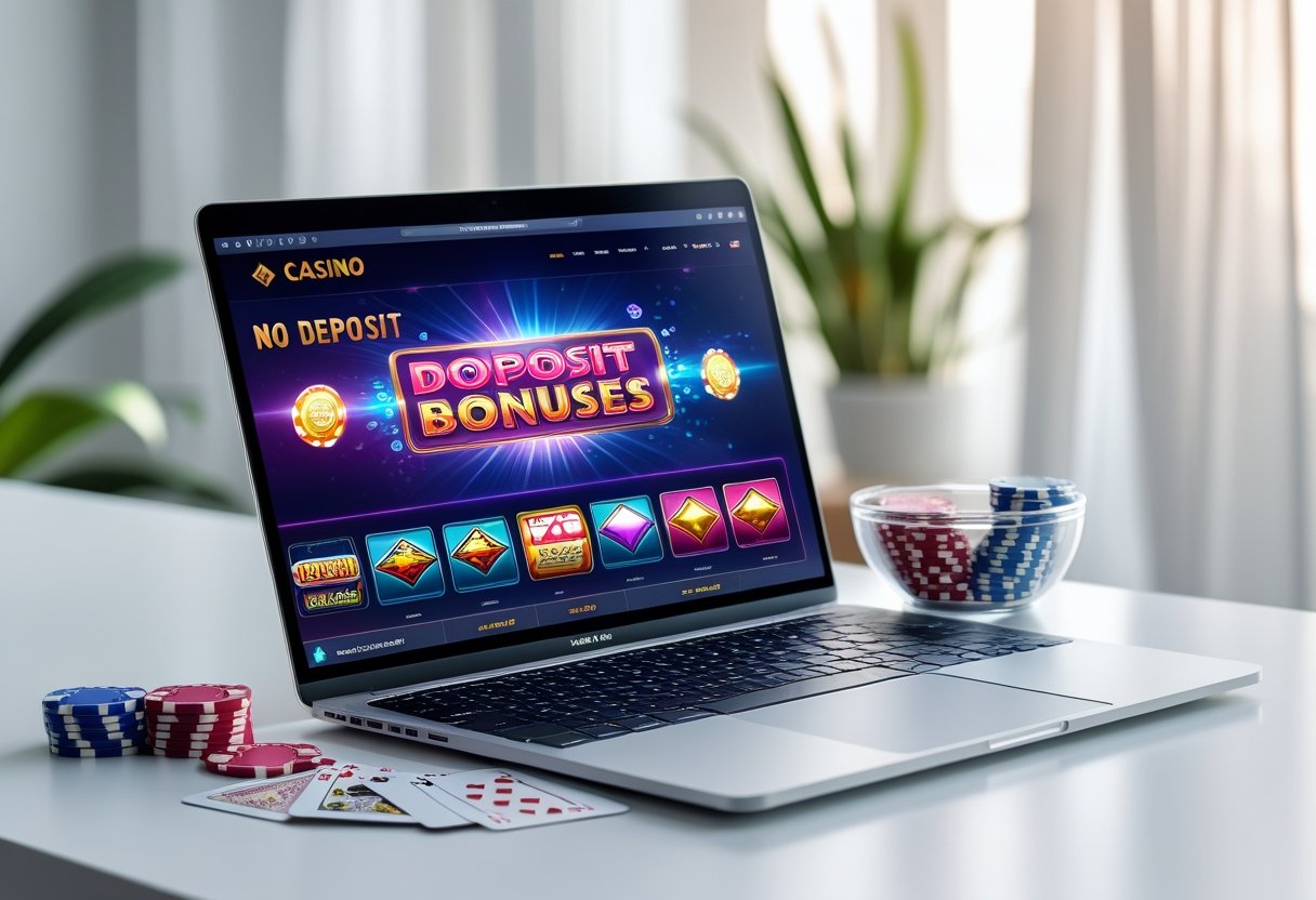 A laptop displaying an online casino website with poker chips and playing cards on a desk.