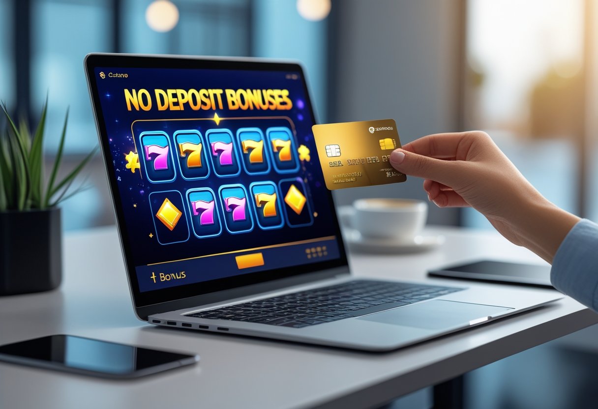 A laptop displaying an online casino interface with slot machine icons, a hand holding a credit card nearby on a desk in a modern office setting.