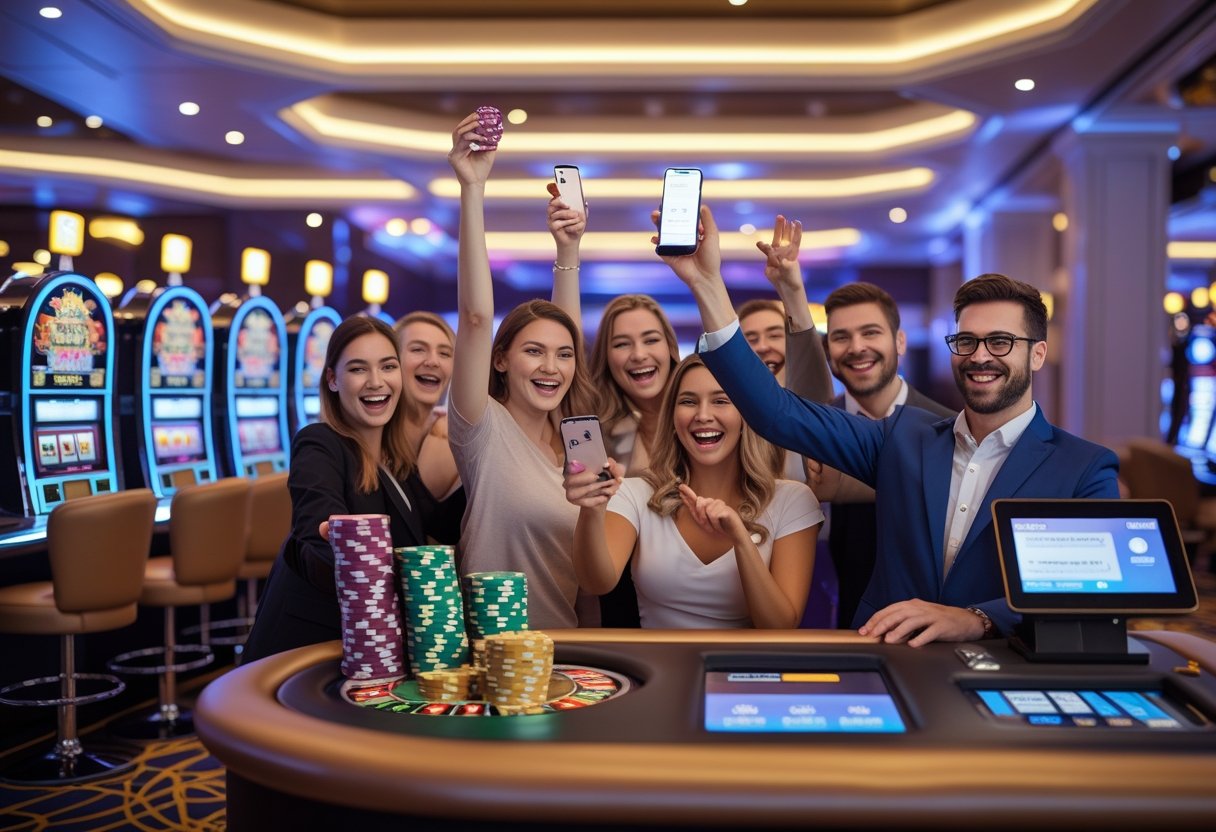 A lively casino scene with happy players celebrating winnings and a staff member assisting at a payout counter using digital payment devices.