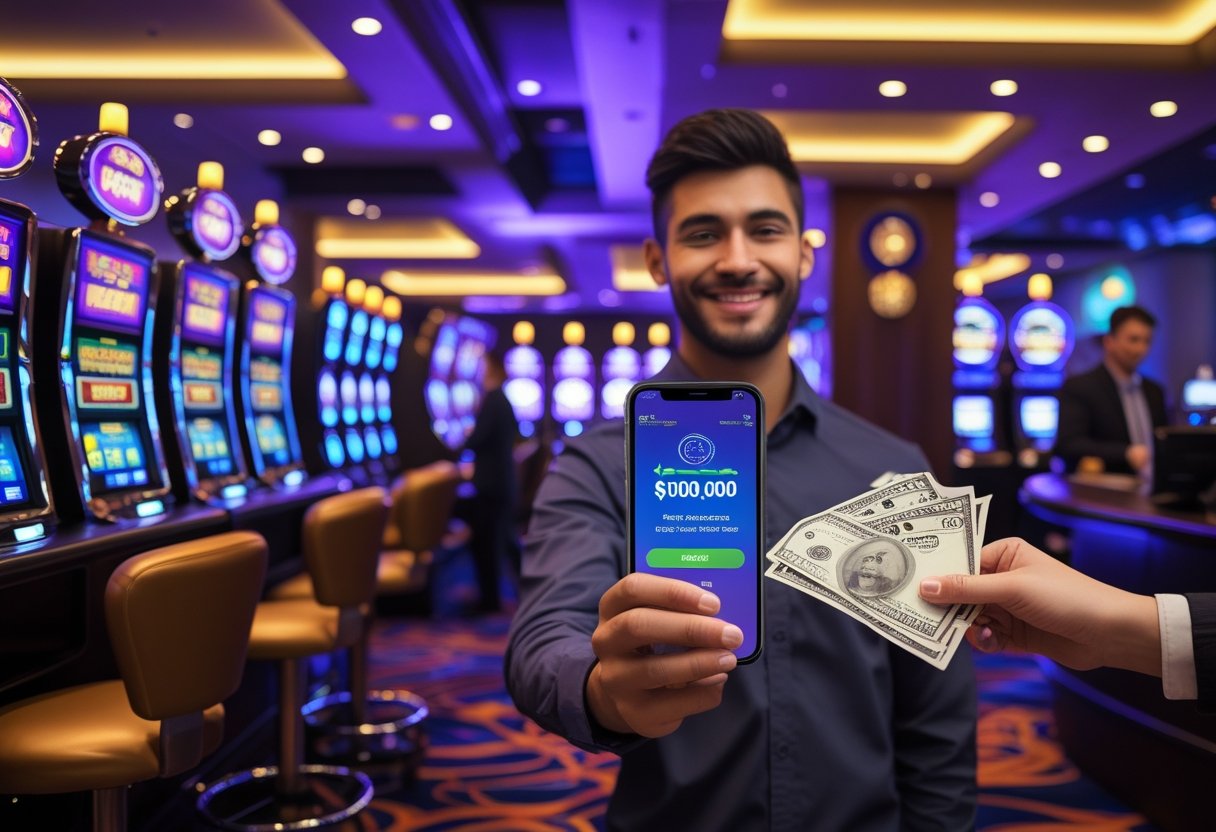 A person holding a smartphone showing a payout confirmation in a bright casino with slot machines and a cashier handing cash to a customer.
