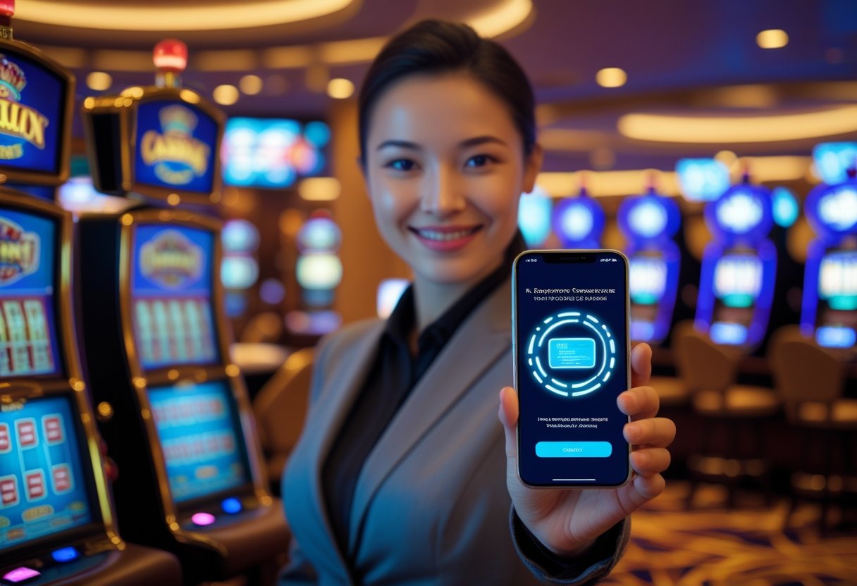 A person smiling and holding a smartphone showing a payment confirmation in a modern casino with slot machines in the background.
