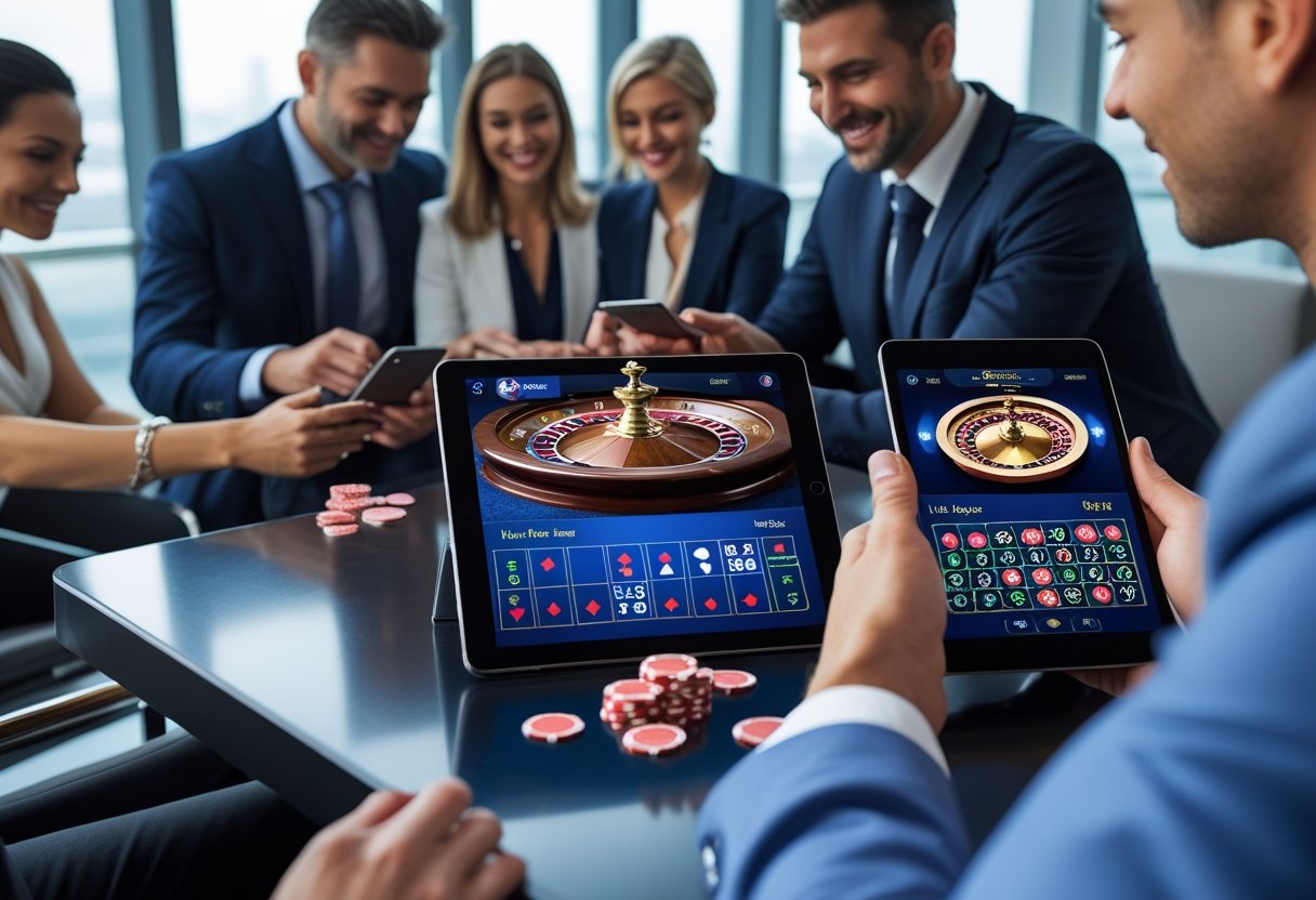 People using smartphones and tablets to play live casino games in a modern lounge setting.