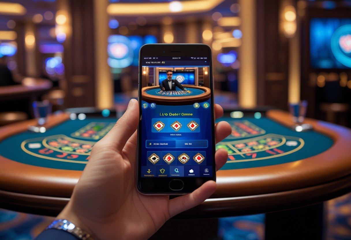 A person holding a smartphone showing a live casino game with a dealer on the screen in a blurred casino environment.