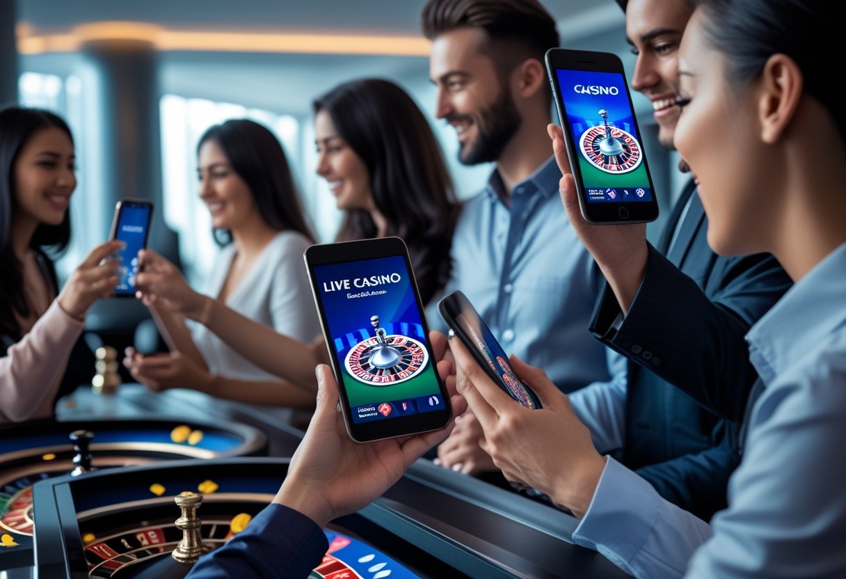 People using smartphones and tablets to play live casino games in a modern indoor setting.