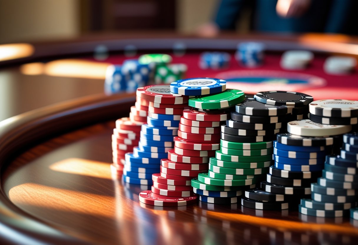 A close-up of colorful poker chips stacked on a wooden table.