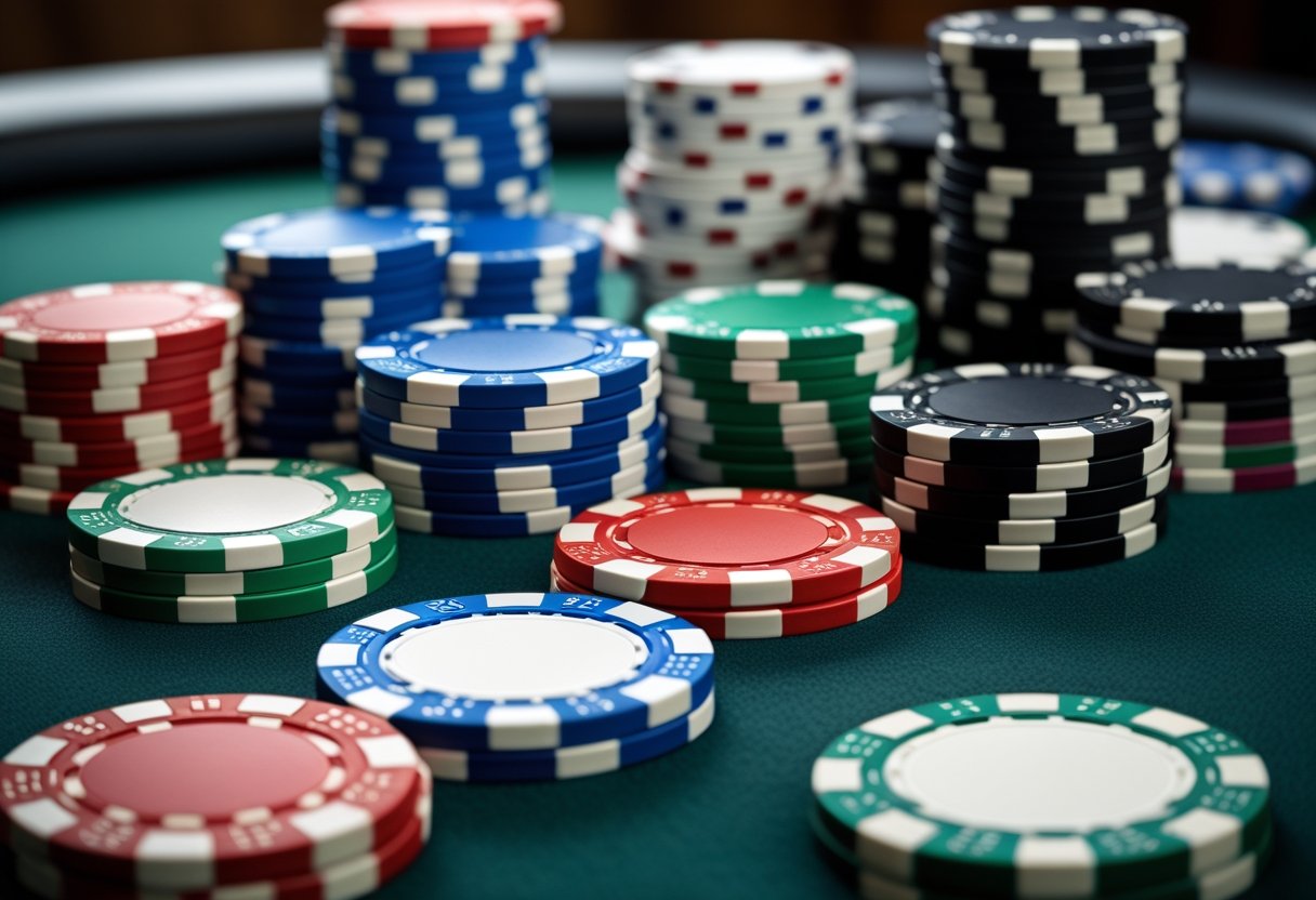 A close-up of different colored poker chips stacked and spread on a green felt poker table.