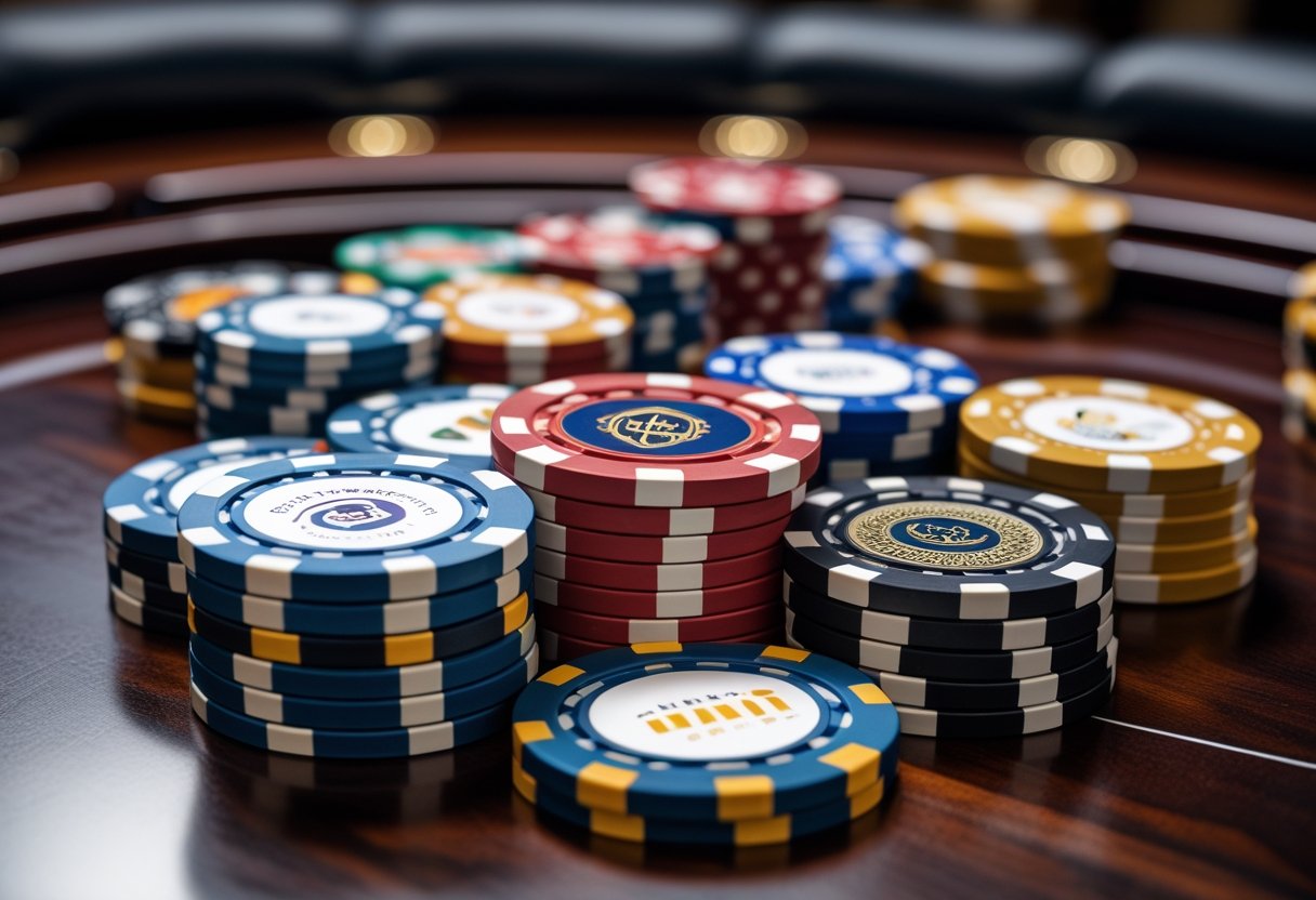 Close-up of colorful custom poker chips stacked on a wooden poker table.