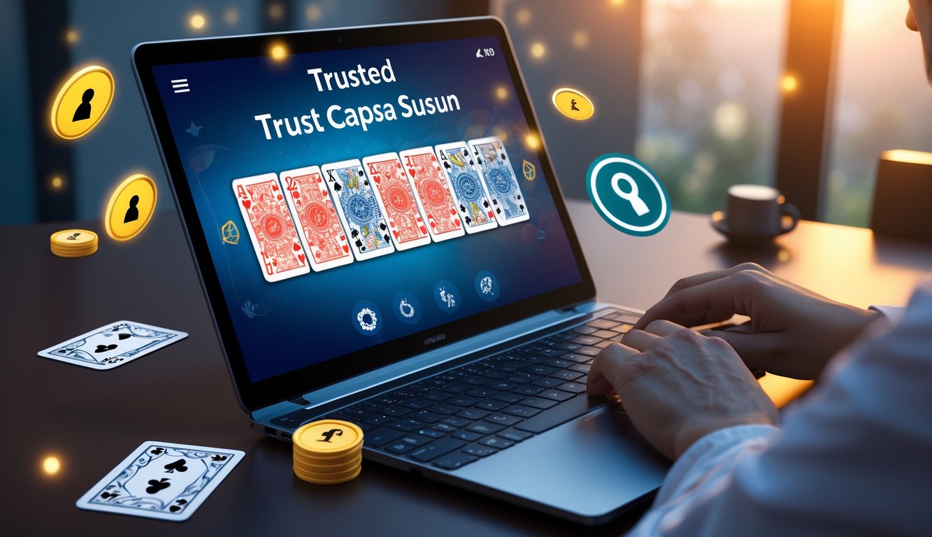 Seorang pemain menggunakan laptop yang menampilkan permainan kartu Capsa Susun dengan tampilan yang jelas dan rapi.