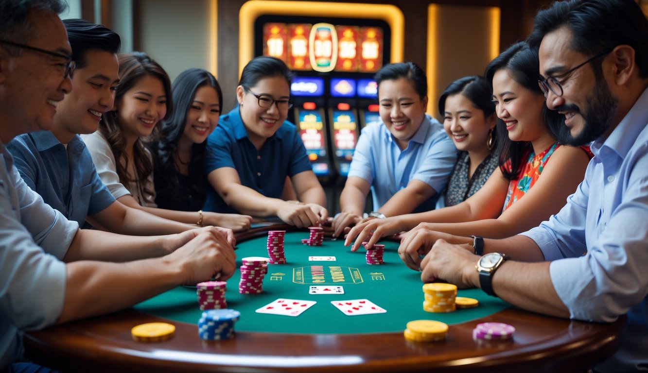 Sekelompok orang dewasa sedang bermain Capsa Susun di meja kayu dengan chip dan kartu remi, terlihat fokus dan bersemangat.