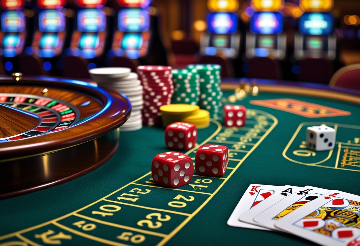 Close-up of a casino table with roulette wheel, dice, playing cards, and stacked chips under bright lighting.