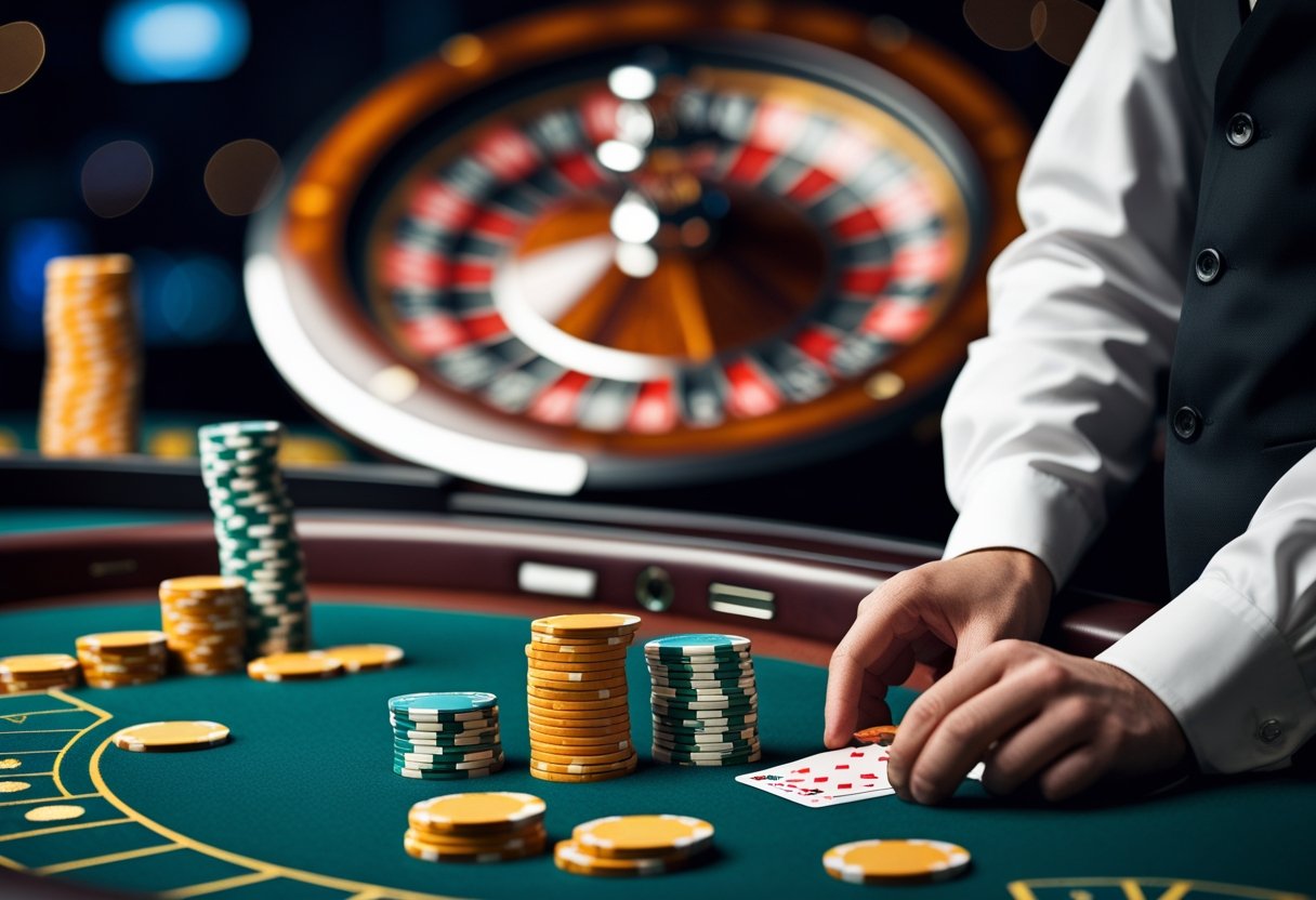 Close-up of a casino table with chips, cards, and a spinning roulette wheel, showing a dealer handling the game.