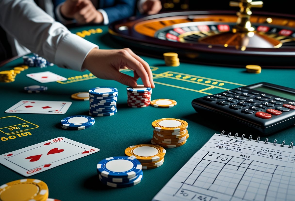 Close-up of a casino table with poker chips, playing cards, a roulette wheel, a calculator, and a notepad with calculations, showing a person placing chips on the table.