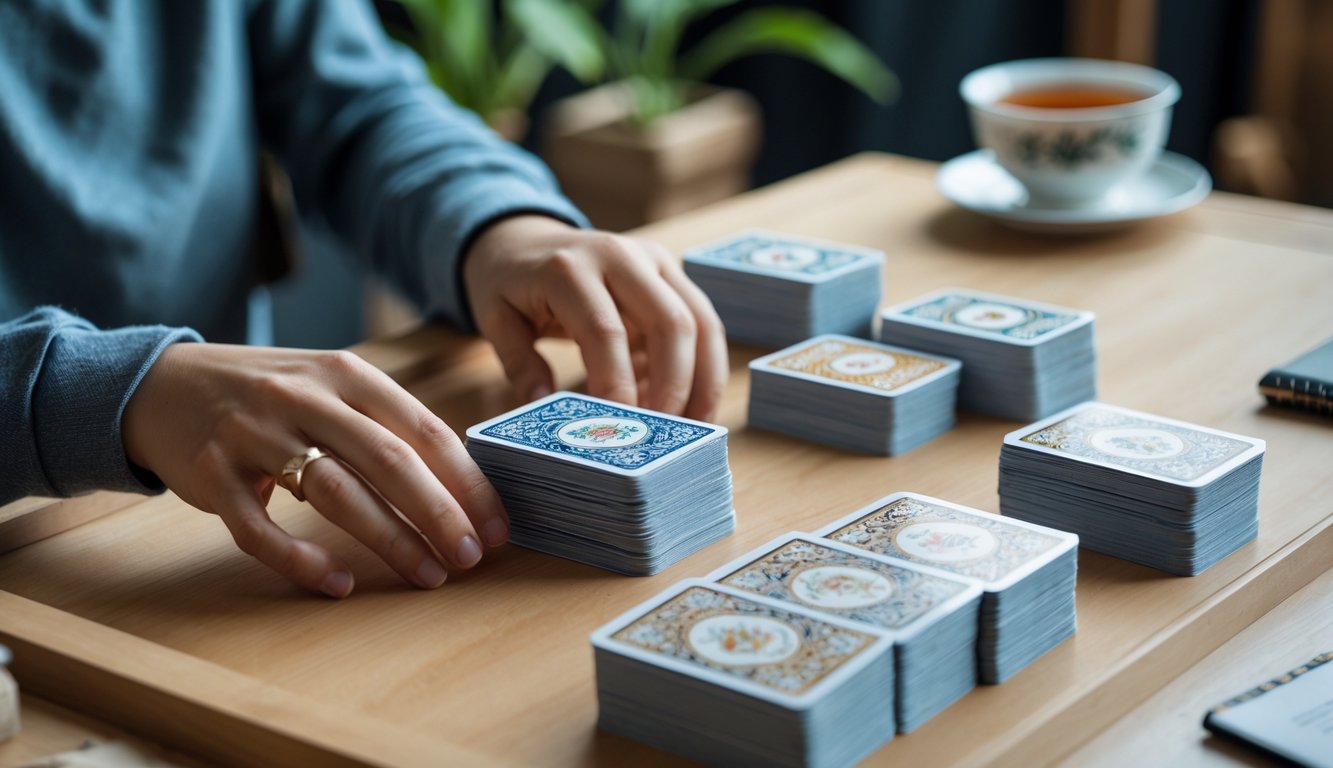 Tangan sedang menyusun kartu Capsa Susun di atas meja kayu dengan latar belakang pemain yang fokus.