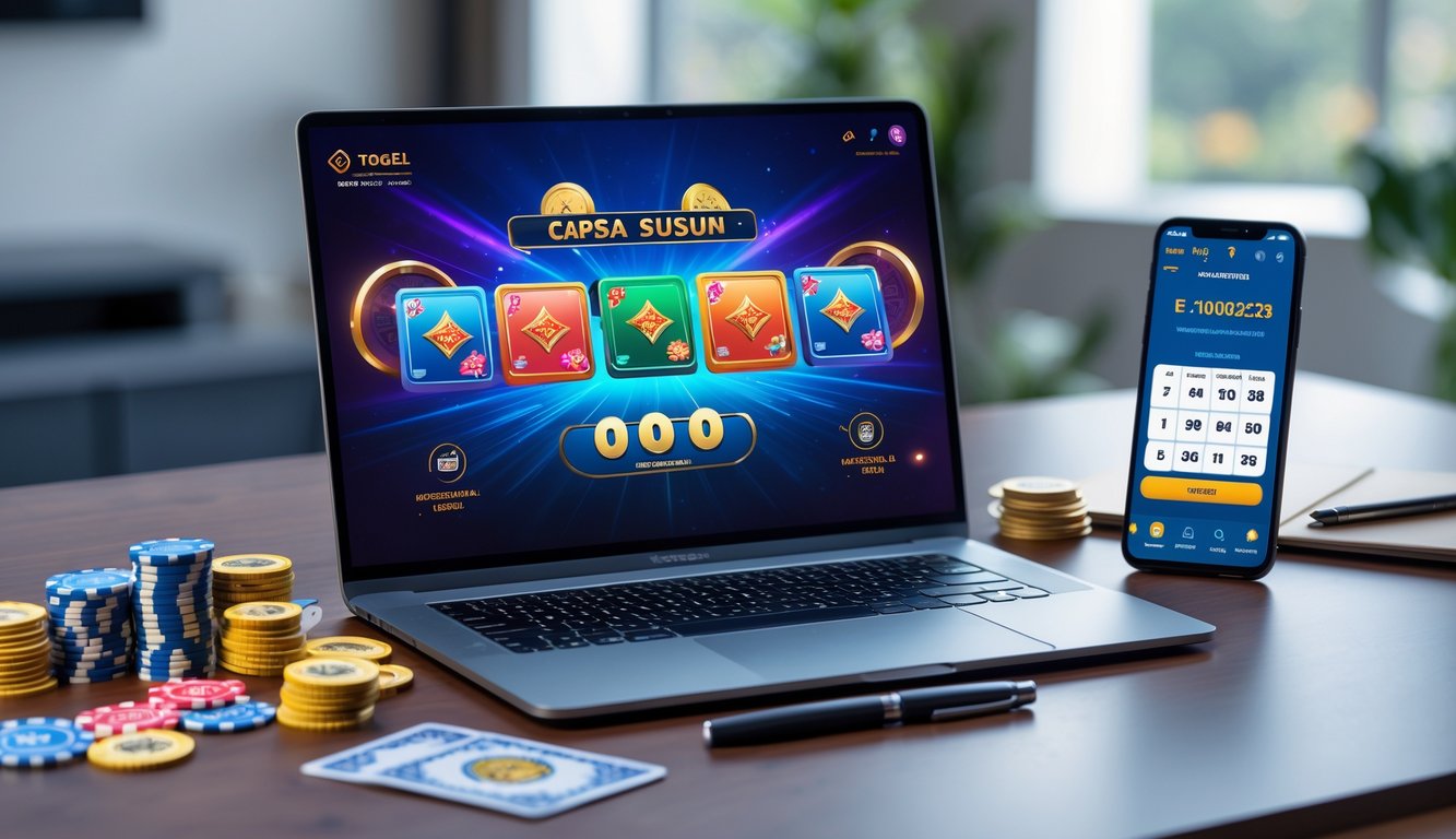 Sebuah meja kerja dengan komputer dan ponsel yang menampilkan permainan Capsa Susun dan tiket Togel digital.