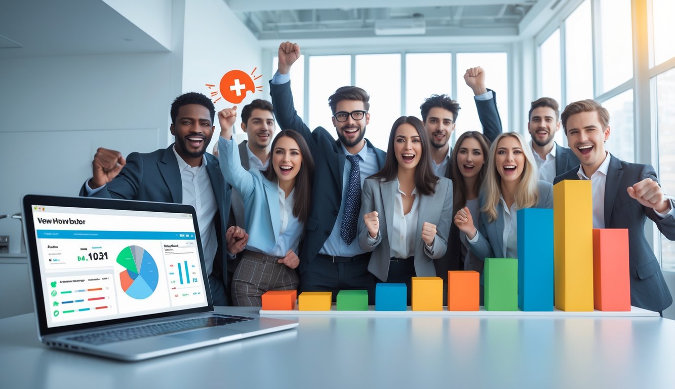 Sekelompok profesional muda merayakan keberhasilan di ruang kerja modern dengan laptop dan blok warna-warni yang tersusun rapi.