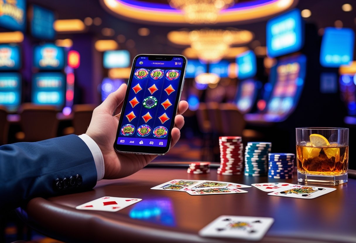 A person holding a smartphone showing a casino app with poker chips and playing cards on a table in a casino setting.