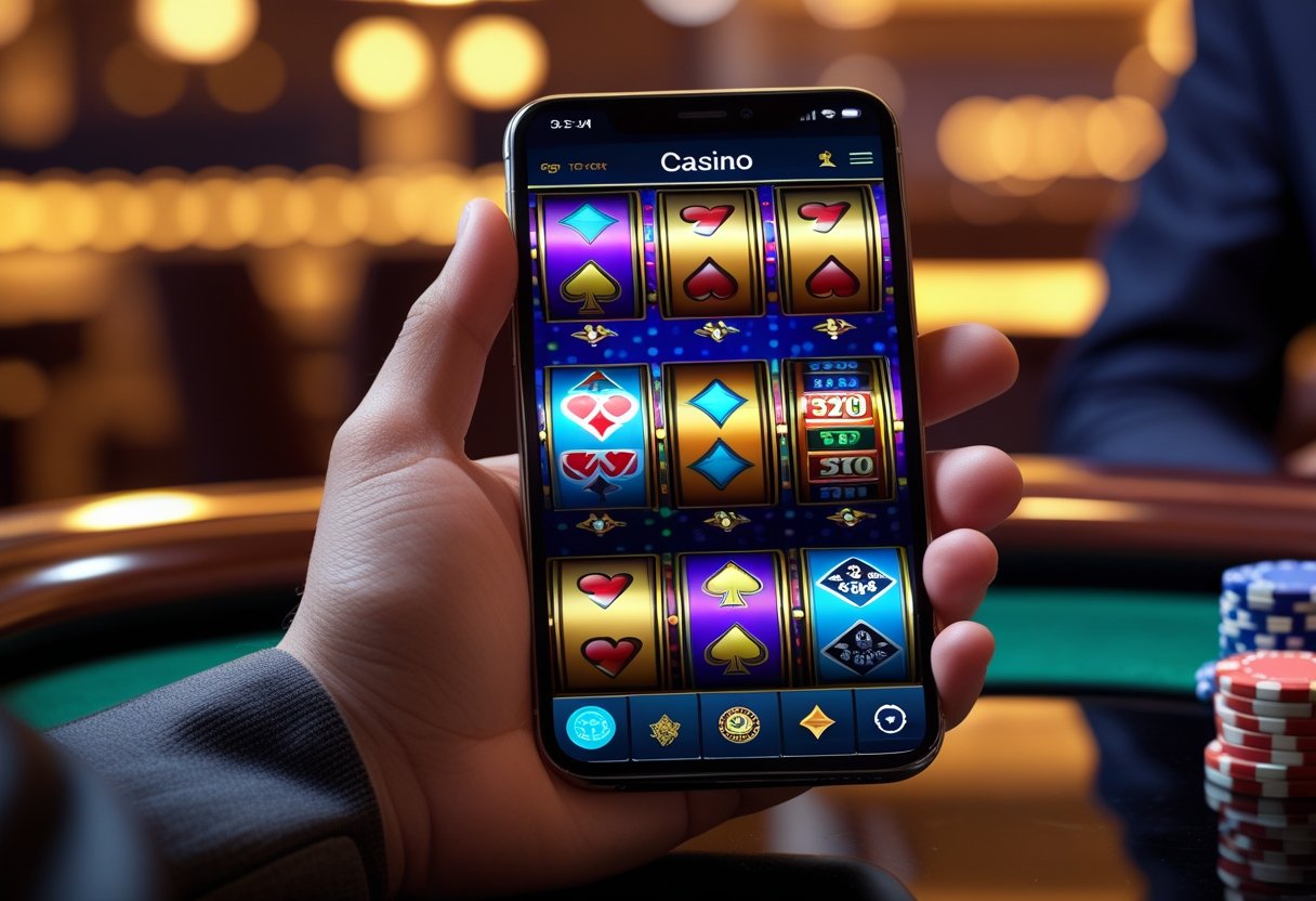 Hand holding a smartphone showing a colorful casino app interface with slot reels, poker chips, and playing cards.