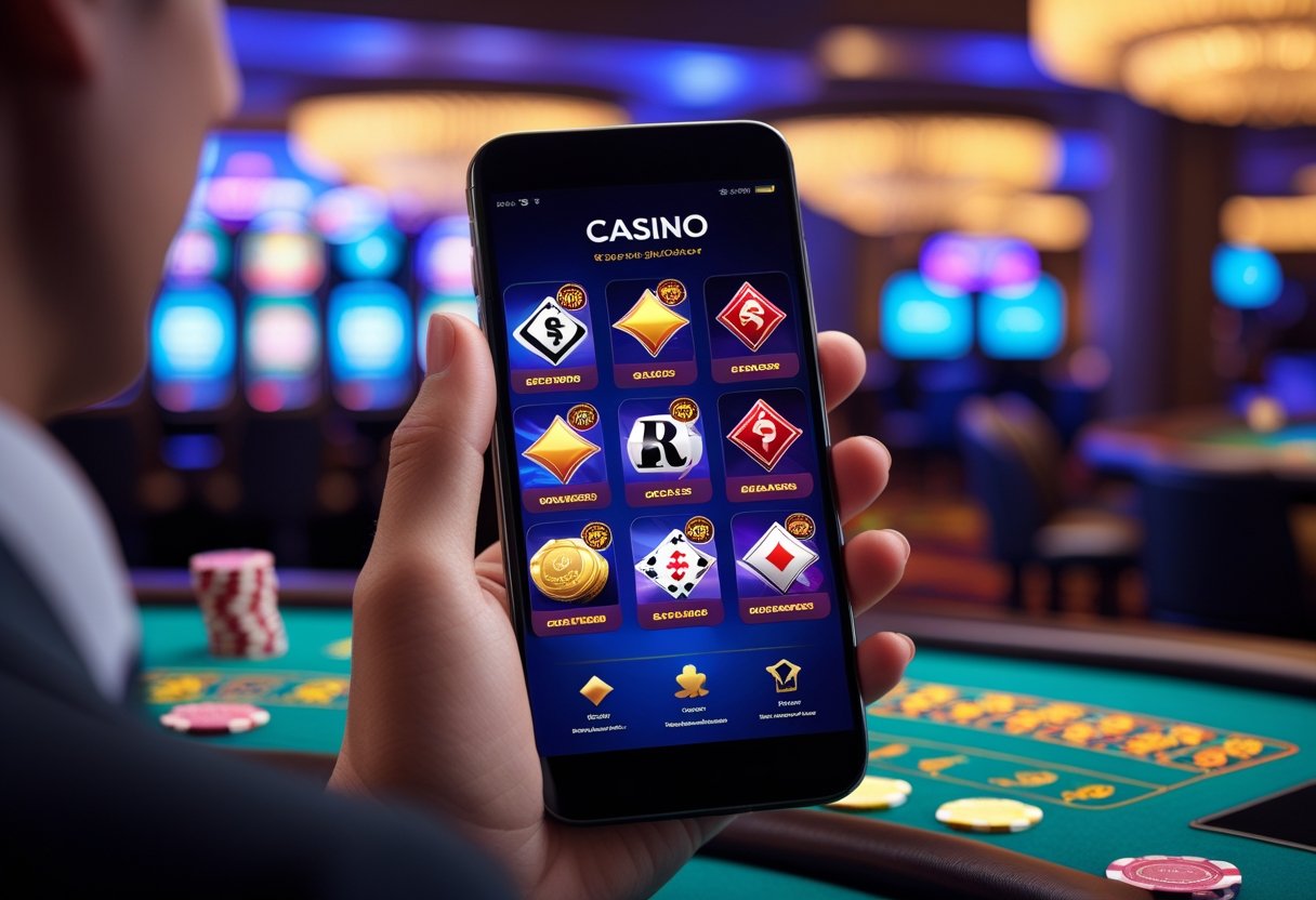 A person holding a smartphone showing a casino app screen with casino games, set against a blurred casino background.