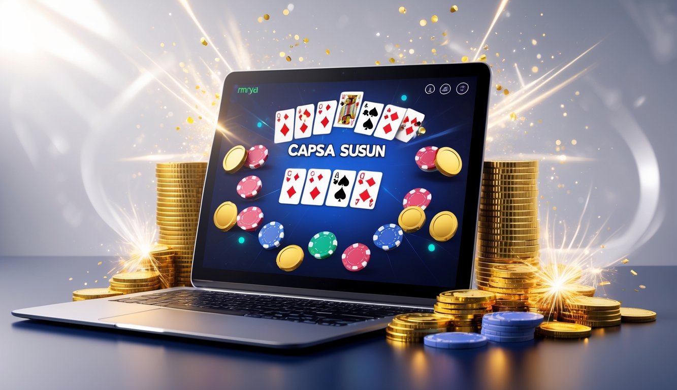 Layar perangkat menampilkan permainan kartu Capsa Susun dengan tumpukan chip poker dan koin emas di sekitarnya.