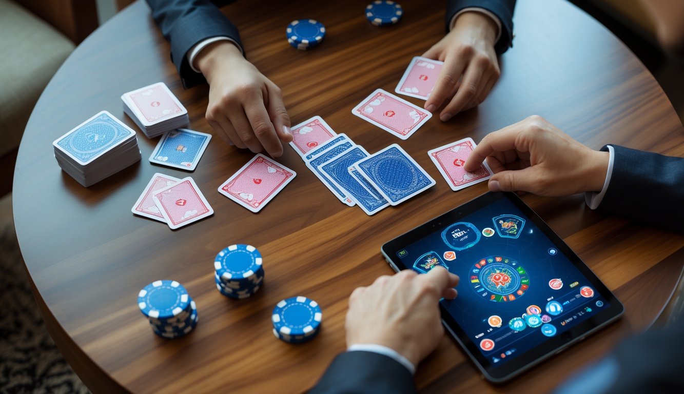 Tampilan atas meja permainan dengan kartu Capsa Susun, chip poker, dan tangan yang sedang menata kartu.