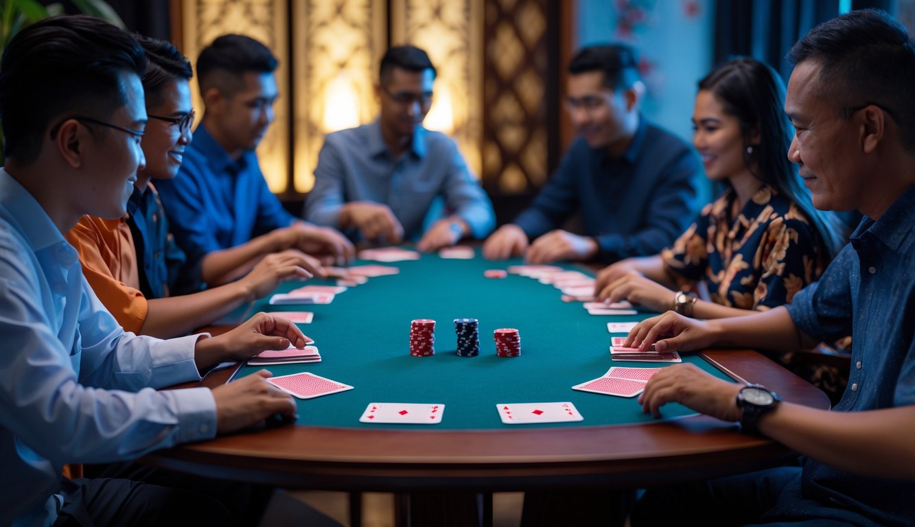 Beberapa orang bermain kartu Capsa Susun di meja kayu dengan suasana yang hangat dan fokus.
