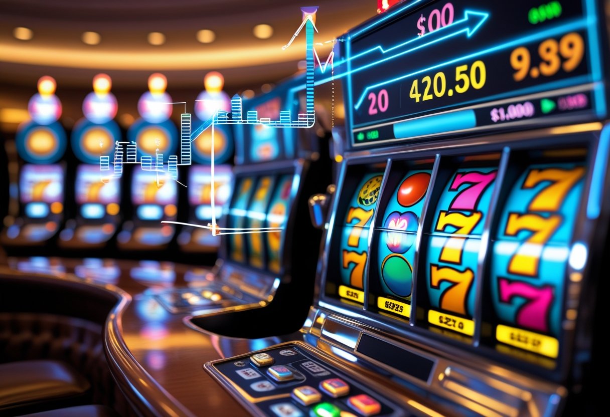 Close-up of a slot machine with spinning reels and graphical charts in the background representing fluctuations.