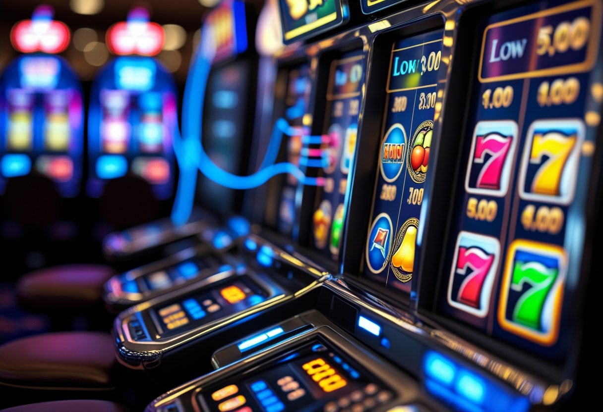 Close-up of a slot machine with spinning reels showing colorful symbols and abstract graphs in the background representing different levels of volatility.