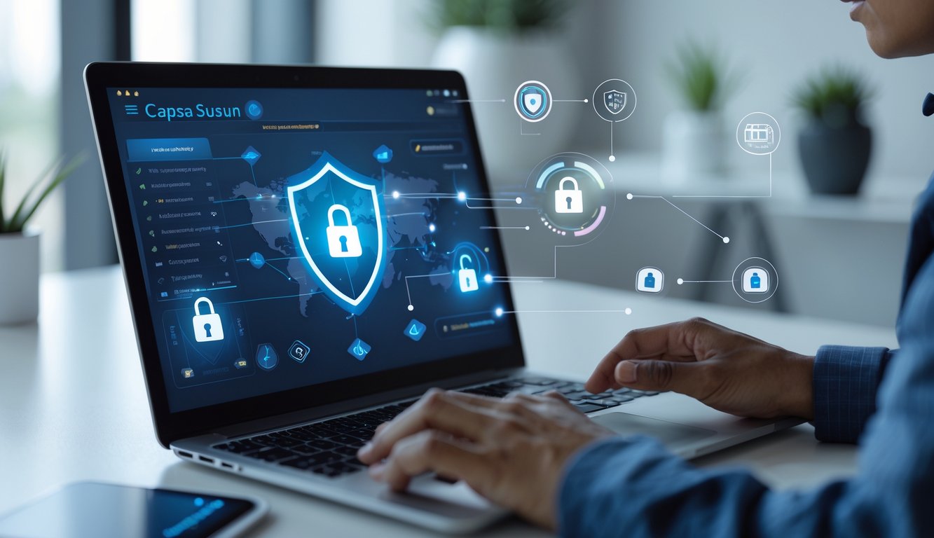 Seseorang menggunakan laptop dengan tampilan permainan kartu Capsa Susun dan simbol keamanan digital di sekitarnya.