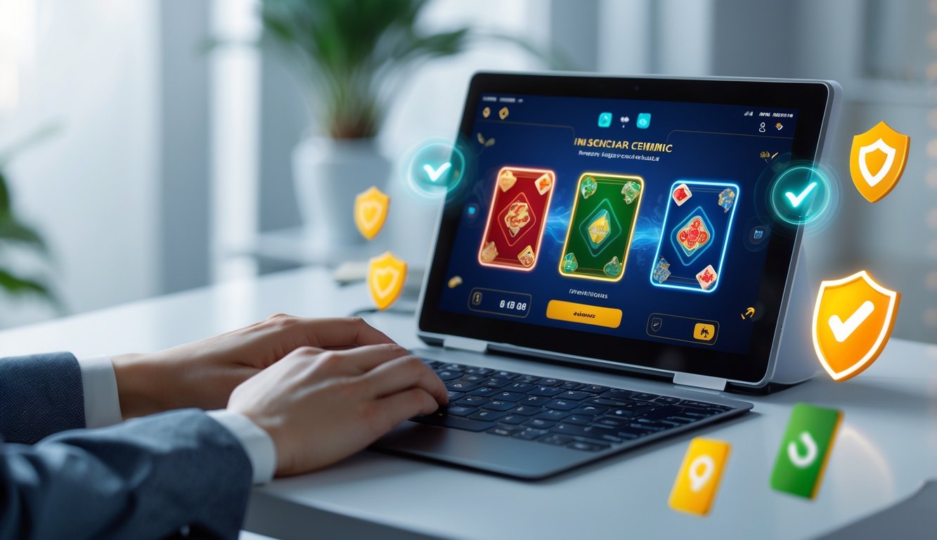 Seseorang menggunakan perangkat digital untuk bermain permainan kartu Ceme secara online di meja yang rapi.