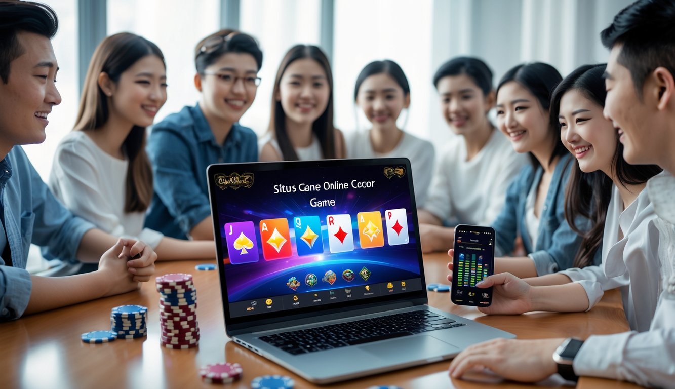 Orang-orang muda bermain permainan kartu online di meja dengan laptop dan ponsel di ruang kerja modern.