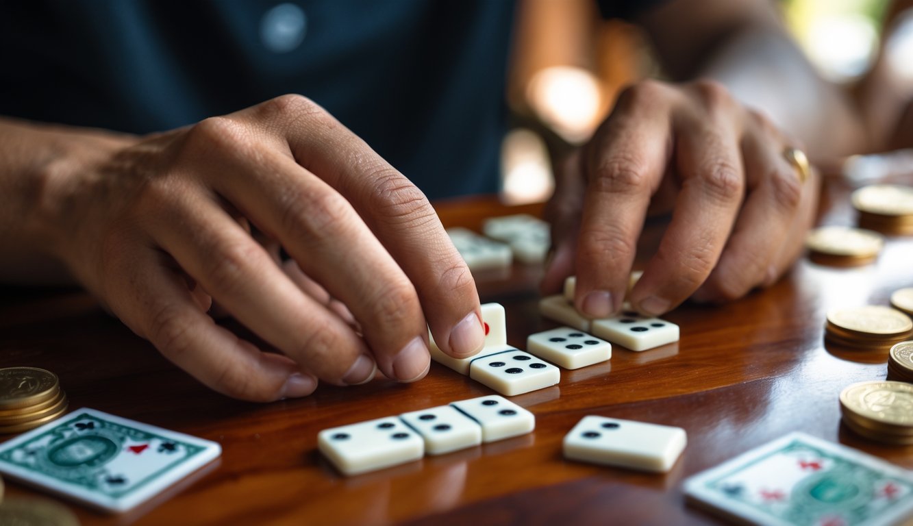 Tangan seseorang sedang bermain permainan judi ceme dengan domino di atas meja kayu.