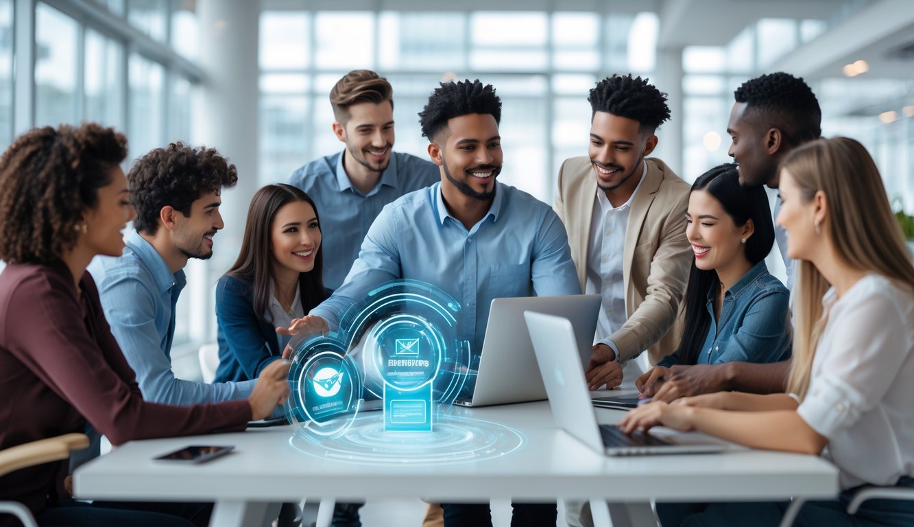 Sekelompok orang muda di kantor modern sedang menyambut anggota baru dengan suasana ramah dan profesional.