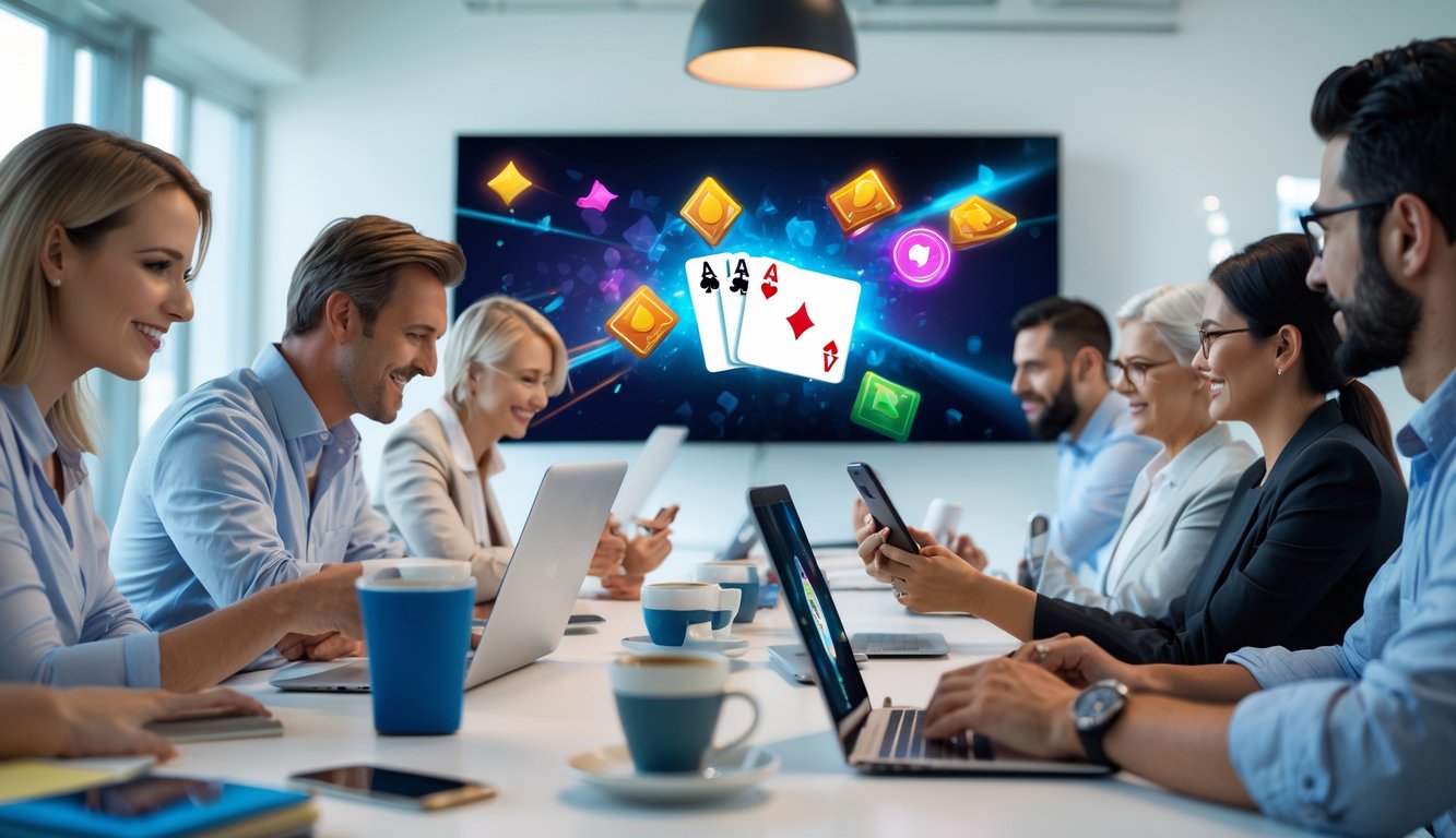 Beberapa orang menggunakan perangkat elektronik untuk bermain kartu secara online di ruangan yang terang dan modern.