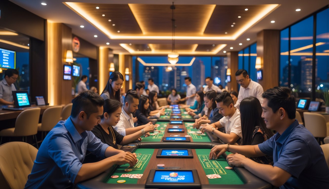 Orang-orang bermain permainan kartu Judi Ceme di ruang permainan yang terang dan ramai pada malam hari.