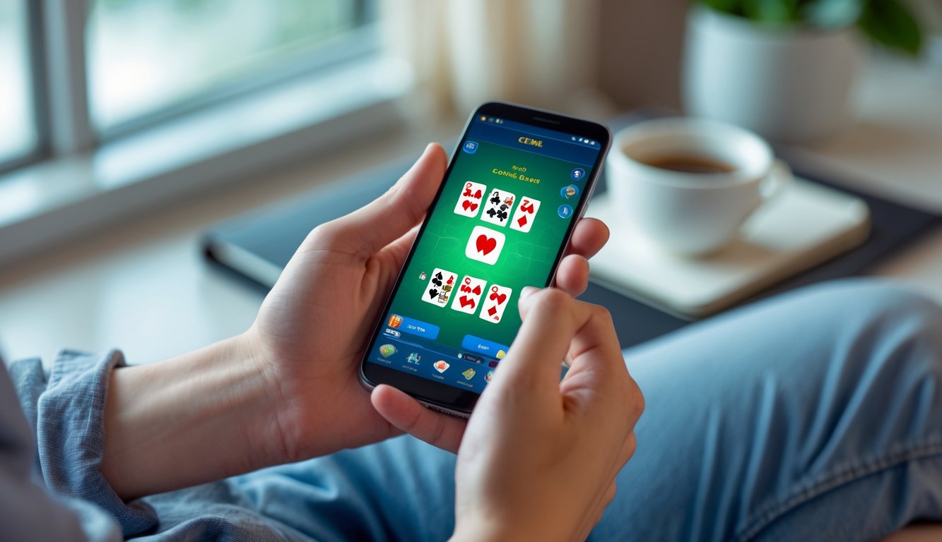 Seseorang sedang bermain permainan kartu Ceme online menggunakan smartphone.