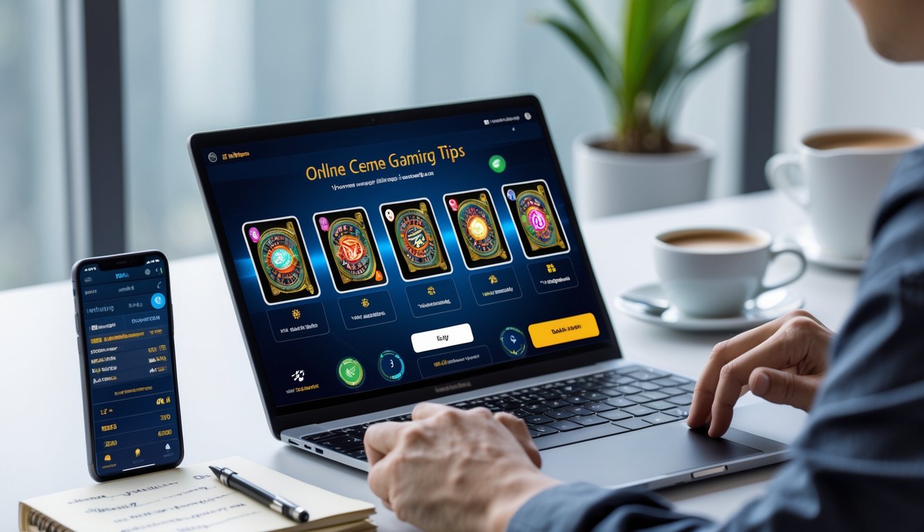 Meja kerja dengan laptop dan ponsel yang menampilkan permainan kartu online, seseorang sedang menggunakan perangkat tersebut.