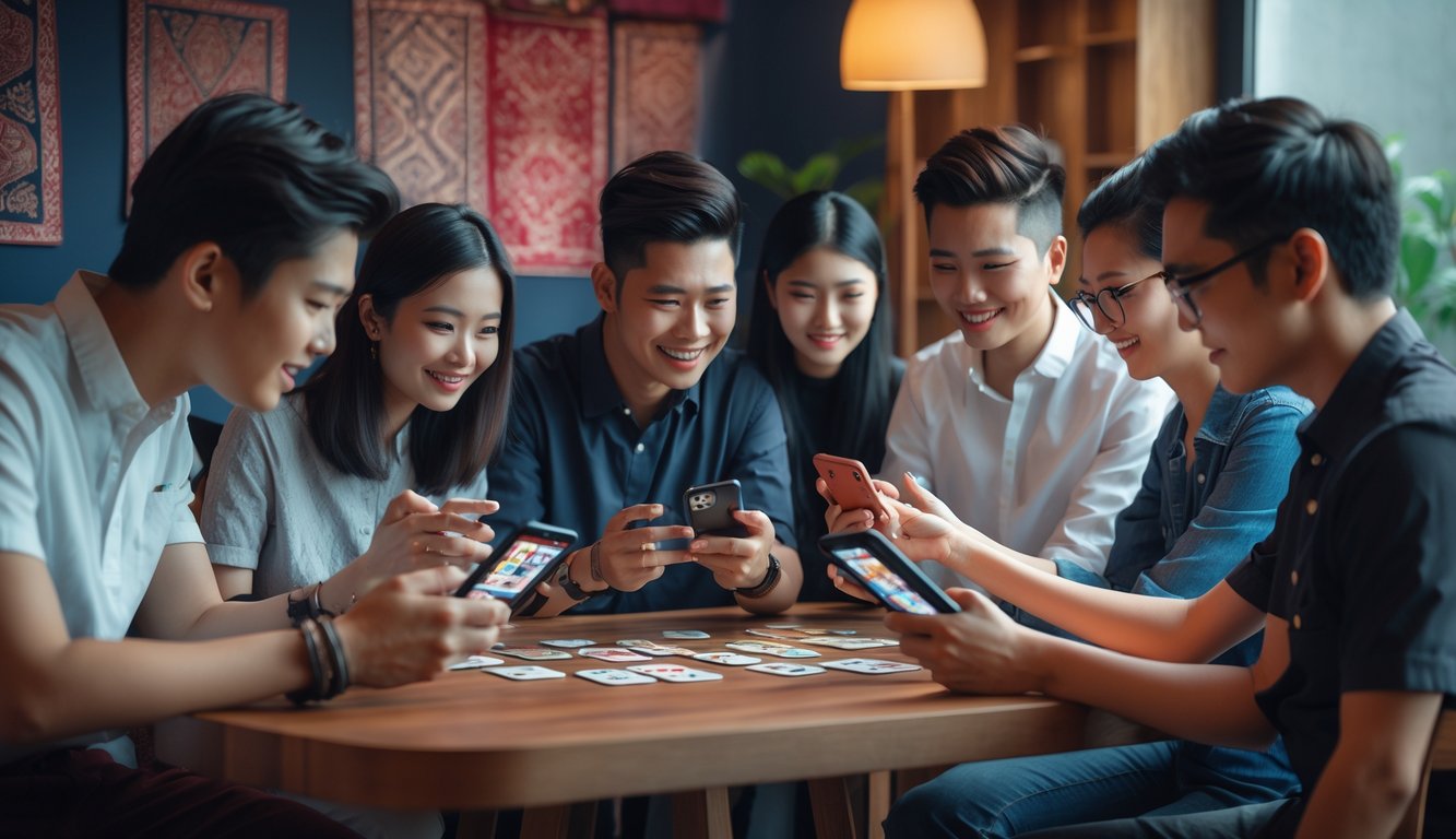 Sekelompok orang muda bermain permainan kartu online di meja kayu dalam ruangan dengan dekorasi batik.