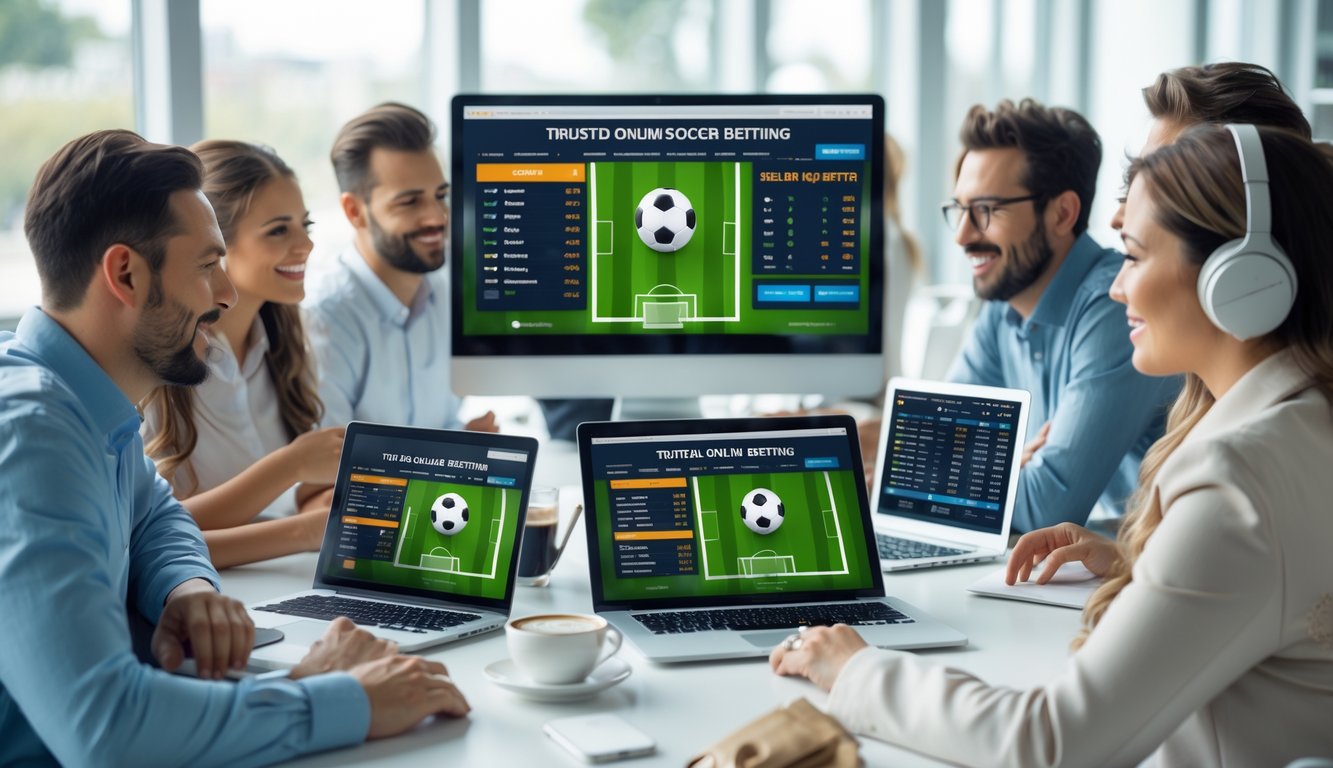 Orang-orang menggunakan perangkat digital untuk taruhan sepak bola online di ruang kantor modern yang terang dan profesional.