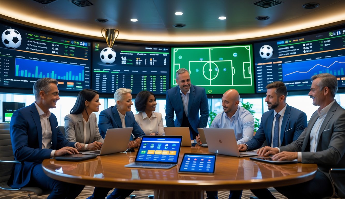 Beberapa orang dewasa sedang berdiskusi dan melihat layar besar yang menampilkan statistik pertandingan sepak bola di sebuah ruangan modern.