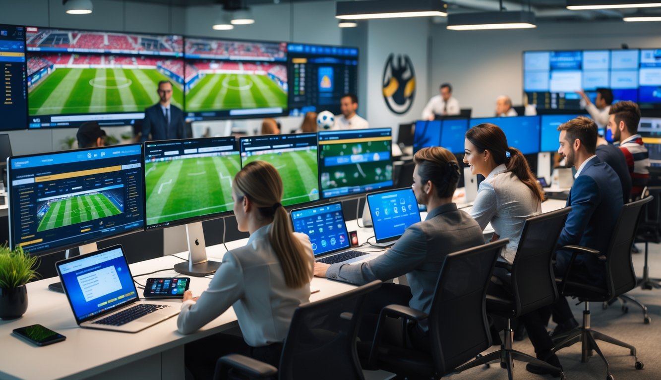Orang-orang bekerja di kantor modern dengan layar yang menampilkan pertandingan sepak bola dan informasi taruhan.
