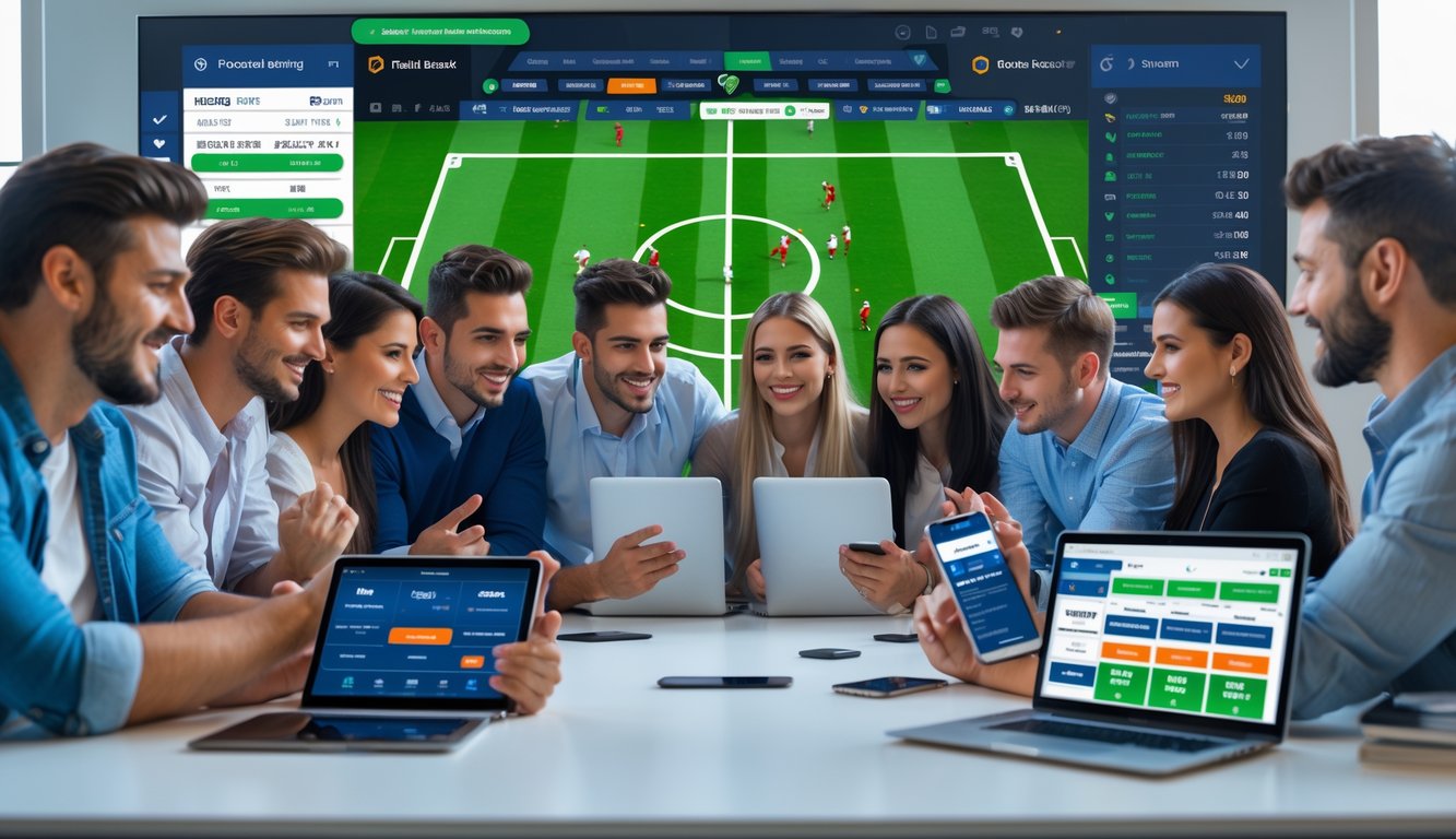 Sekelompok orang muda menggunakan perangkat digital untuk bertaruh bola secara online di ruangan modern dengan layar besar menampilkan pertandingan sepak bola.