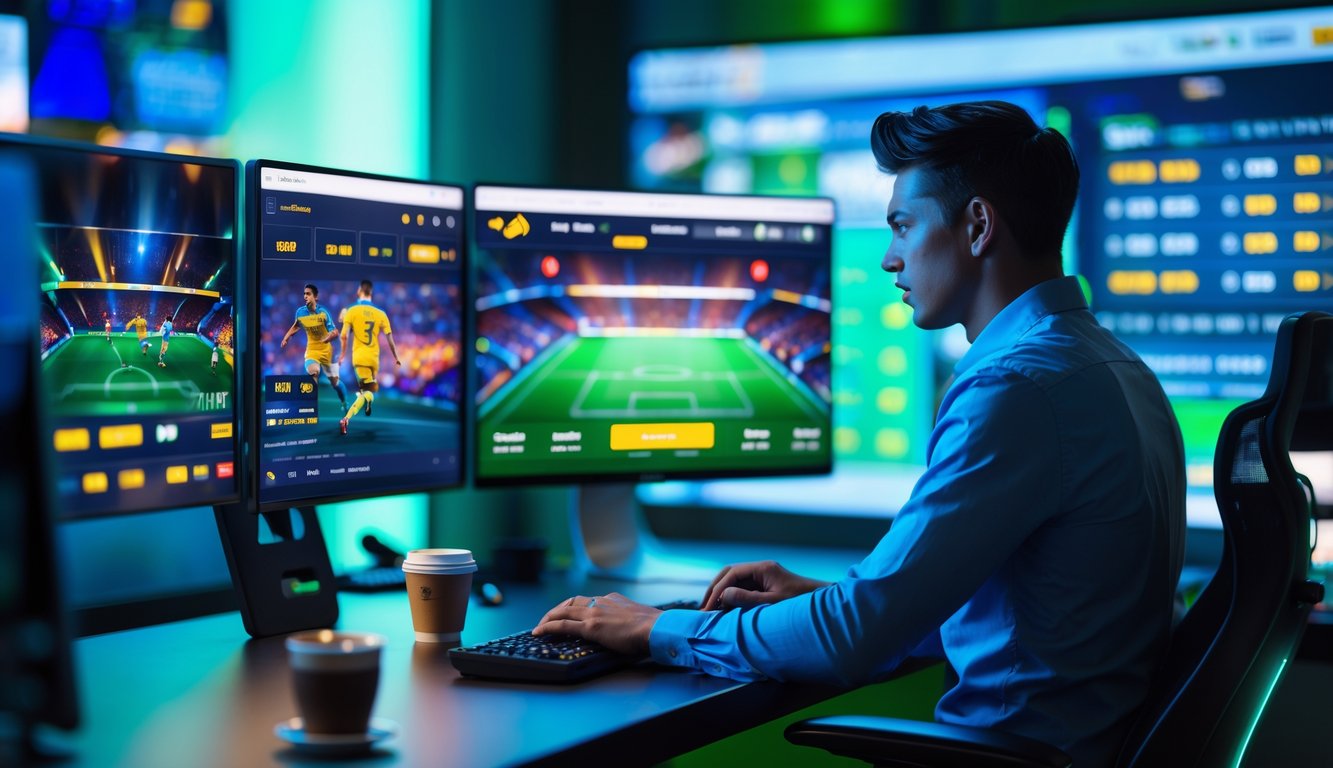 Seseorang sedang menggunakan komputer dengan beberapa layar menampilkan pertandingan sepak bola dan informasi taruhan dalam suasana modern dan nyaman.
