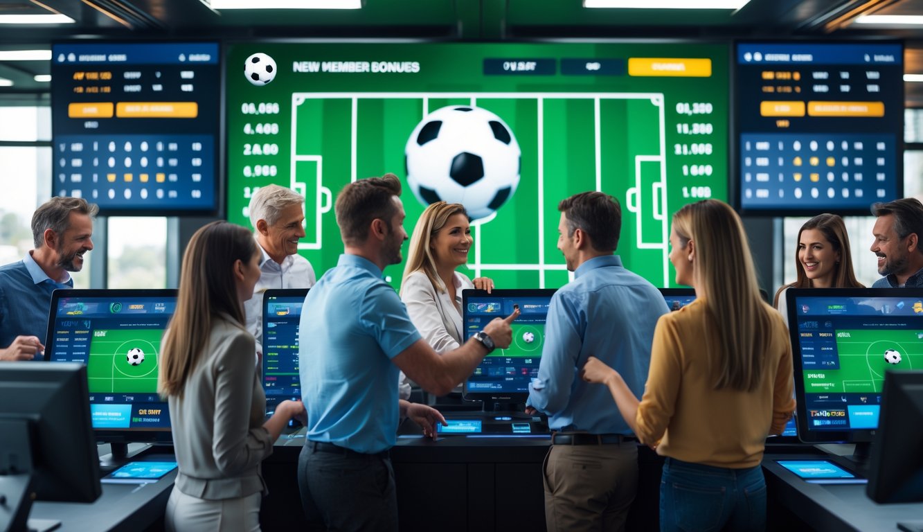 Sekelompok orang dewasa sedang melihat layar besar dengan statistik pertandingan sepak bola dan menggunakan perangkat taruhan di ruangan modern.